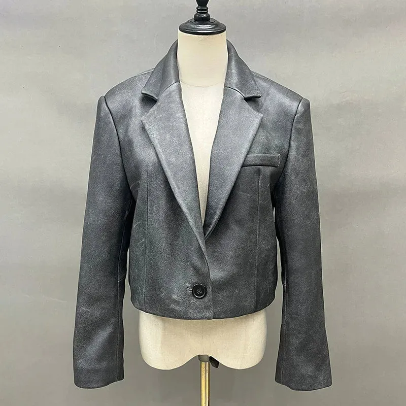 Vivica - Distressed Cropped Leather Suit Jacket