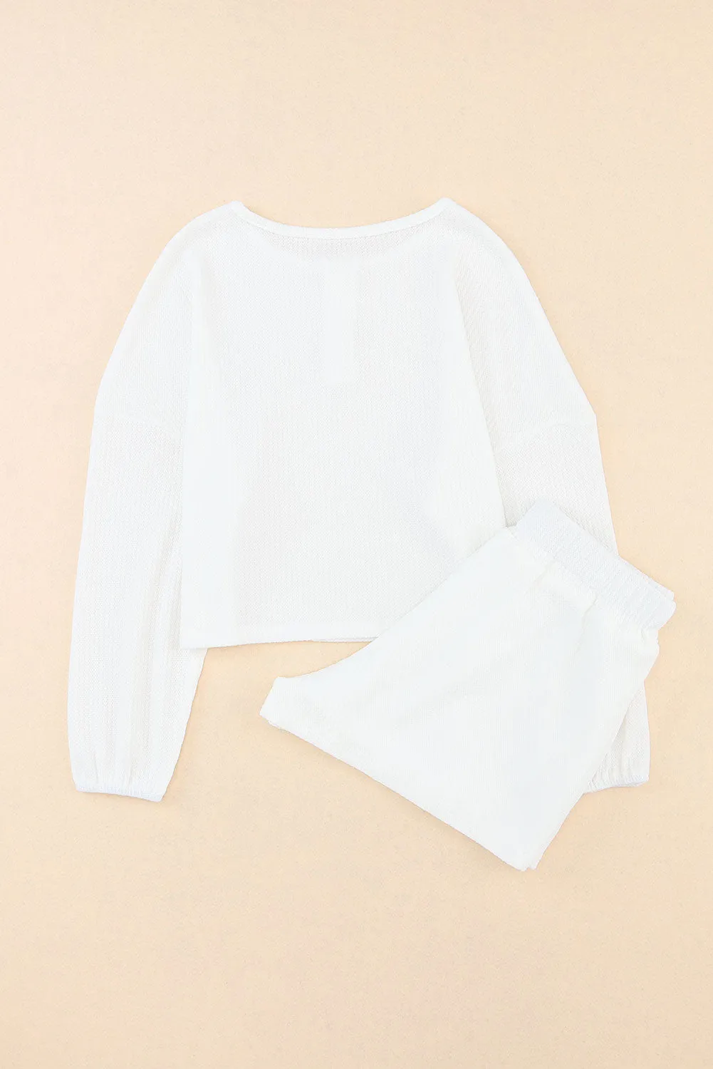Waffle Knit Buttoned Long Sleeve Crop and Shorts Lounge Set