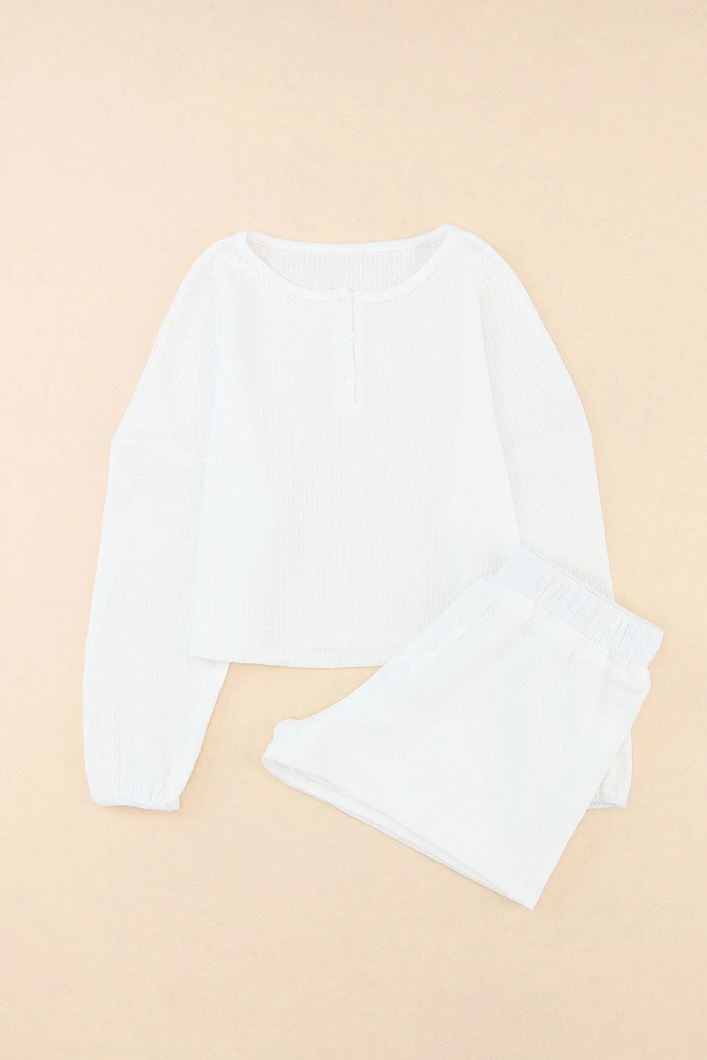 Waffle Knit Buttoned Long Sleeve Crop and Shorts Lounge Set