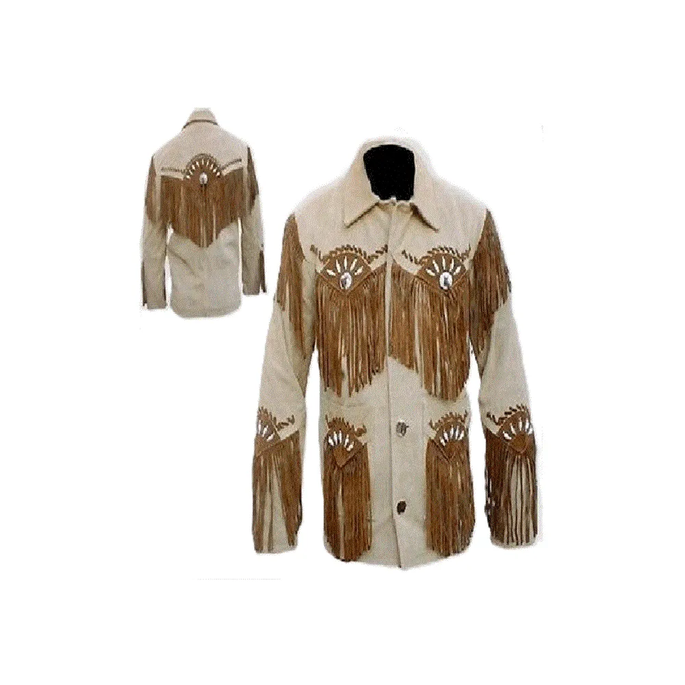 Western Beige Leather Cognac Fringe Bone Jacket for Men MWJ328
