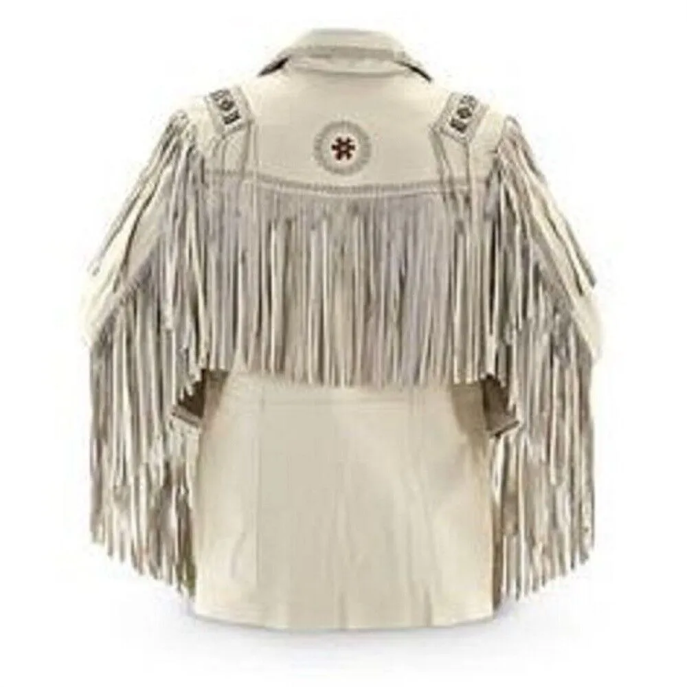 Western Beige Leather Fringe Beaded Jackets for Men MWJ303