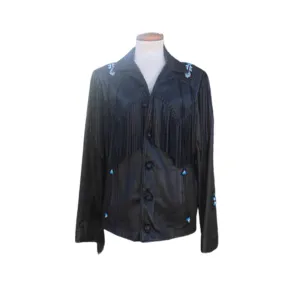 Western Black Leather Fringe Beaded Jacket for Men MWJ513