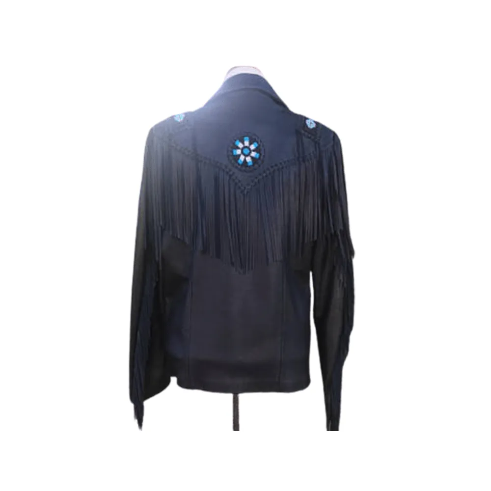 Western Black Leather Fringe Beaded Jacket for Men MWJ513