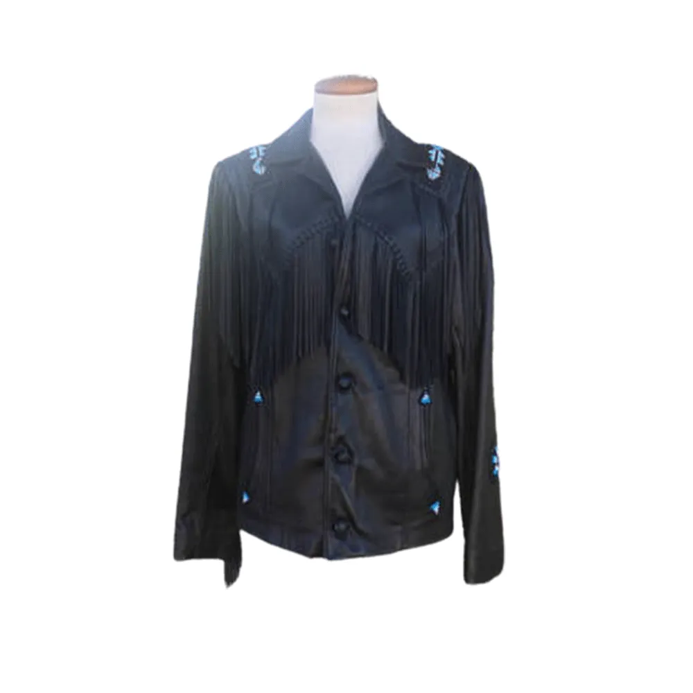 Western Black Leather Fringe Beaded Jacket for Men MWJ513