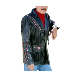 Western Black Leather Fringe Beaded Jacket for Men MWJ530