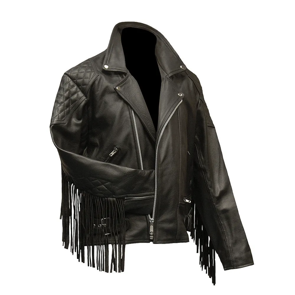 Western Black Leather Fringe Jacket Biker Jacket for Men MWJ546