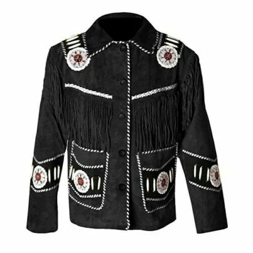 Western Black Suede Leather Fringe Beaded Jacket for Men MWJ533
