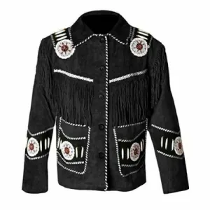Western Black Suede Leather Fringe Beaded Jacket for Men MWJ533