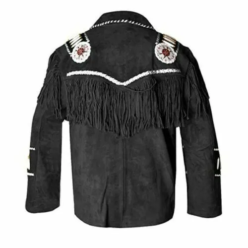 Western Black Suede Leather Fringe Beaded Jacket for Men MWJ533