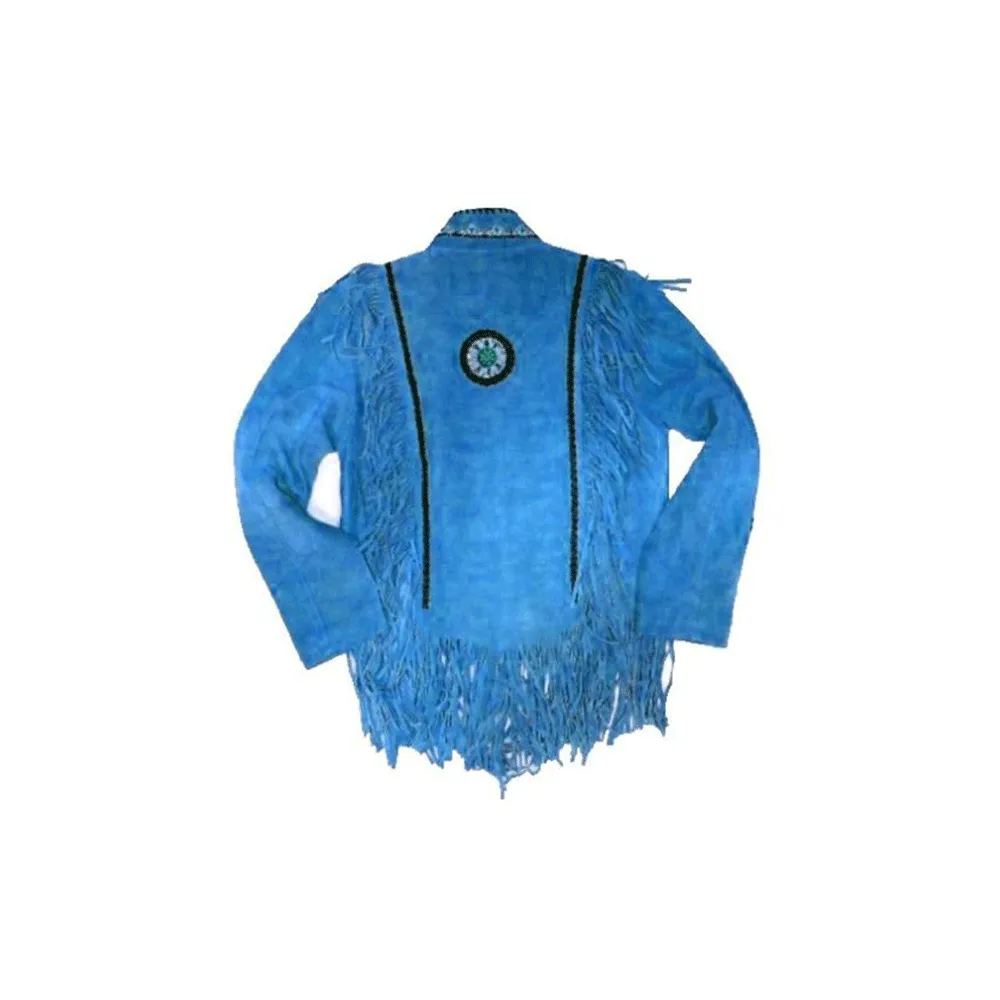 Western Blue Suede Leather Fringe Beaded Jacket for Men MWJ602