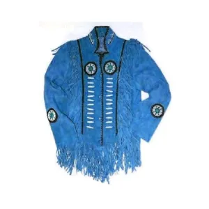 Western Blue Suede Leather Fringe Beaded Jacket for Men MWJ602