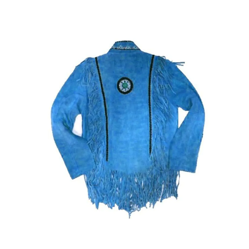 Western Blue Suede Leather Fringe Beaded Jacket for Men MWJ602
