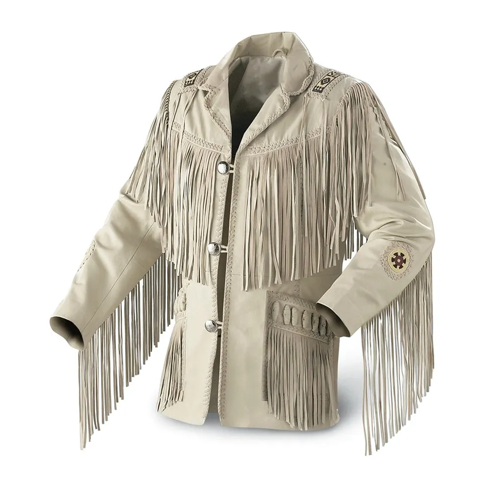 Western Fringe Beaded Beige Leather Jacket for Men MWJ105