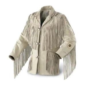 Western Fringe Beaded Beige Leather Jacket for Men MWJ105