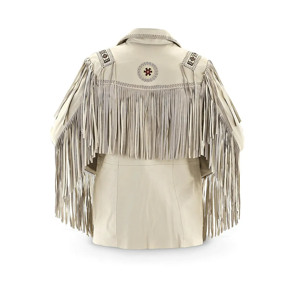 Western Fringe Beaded Beige Leather Jacket for Men MWJ105