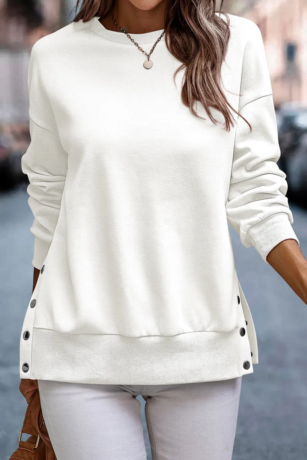 White Button Split Sides Solid Color Sweatshirt