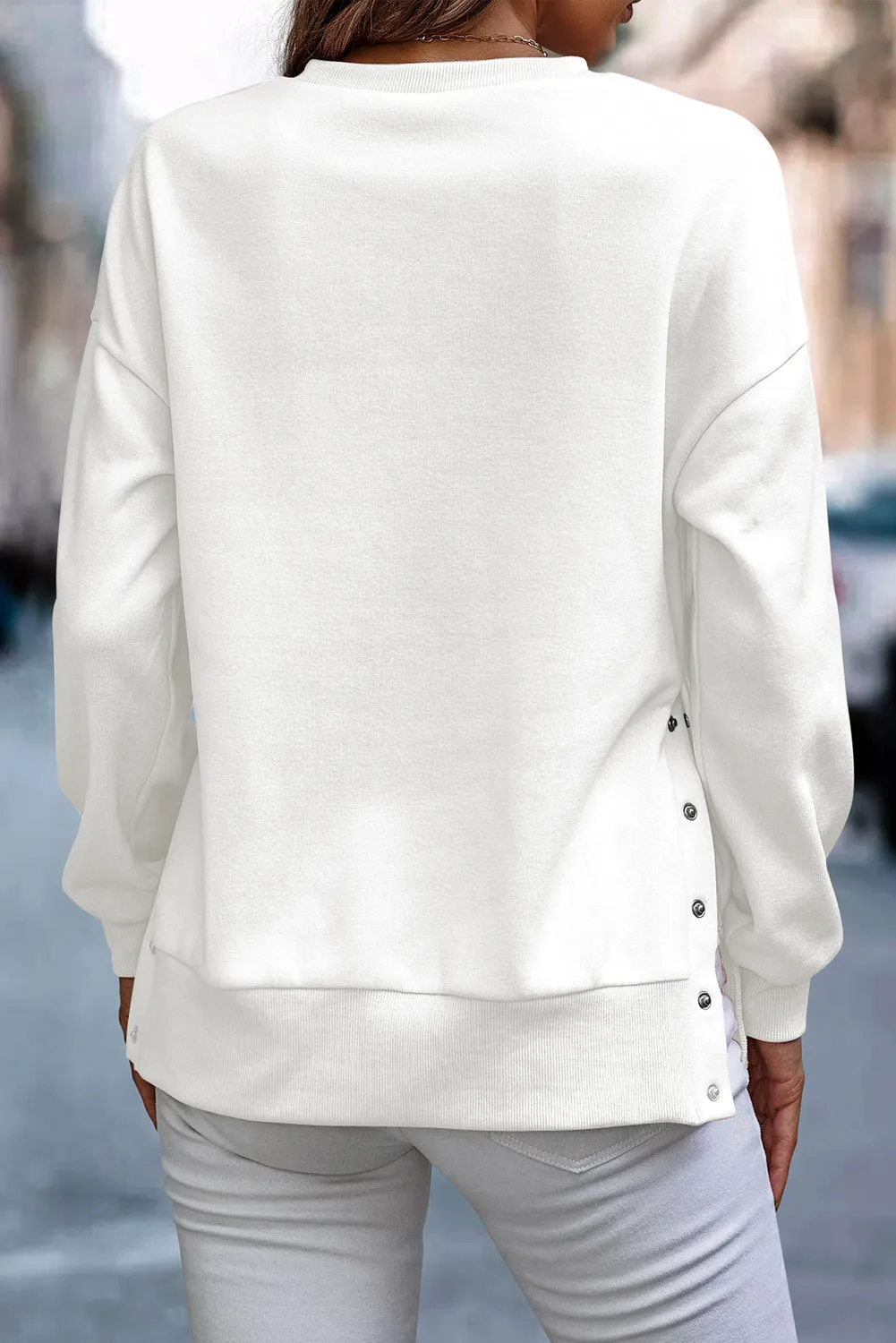 White Button Split Sides Solid Color Sweatshirt