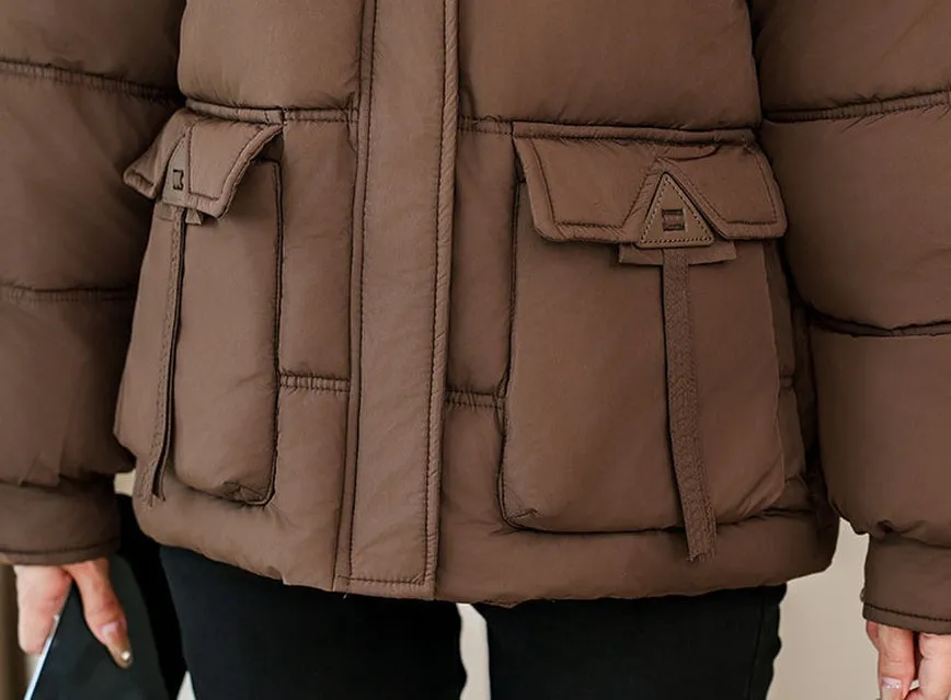 Windproof and Water-Resistant Puffer Jacket for Women with Bellows Pockets