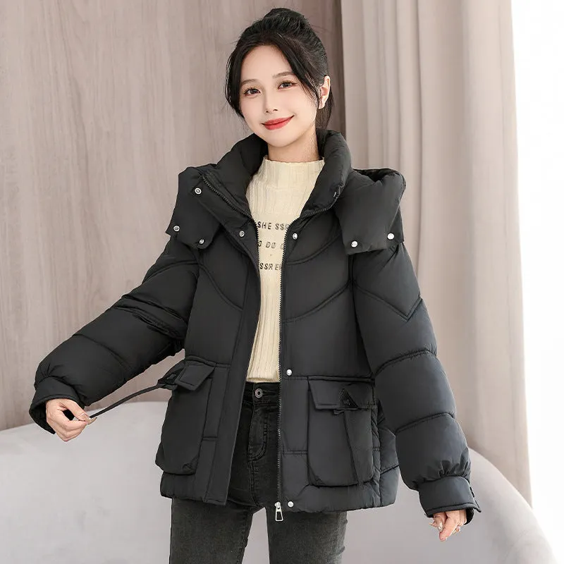 Windproof and Water-Resistant Puffer Jacket for Women with Bellows Pockets