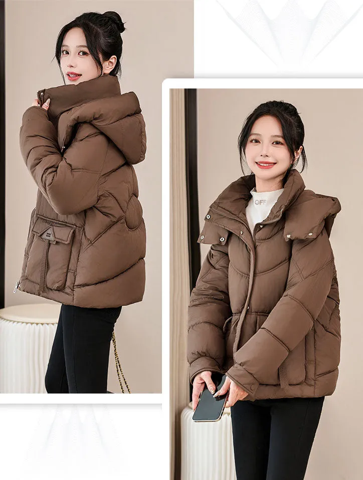 Windproof and Water-Resistant Puffer Jacket for Women with Bellows Pockets