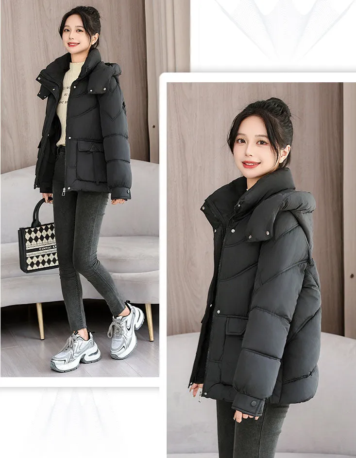 Windproof and Water-Resistant Puffer Jacket for Women with Bellows Pockets
