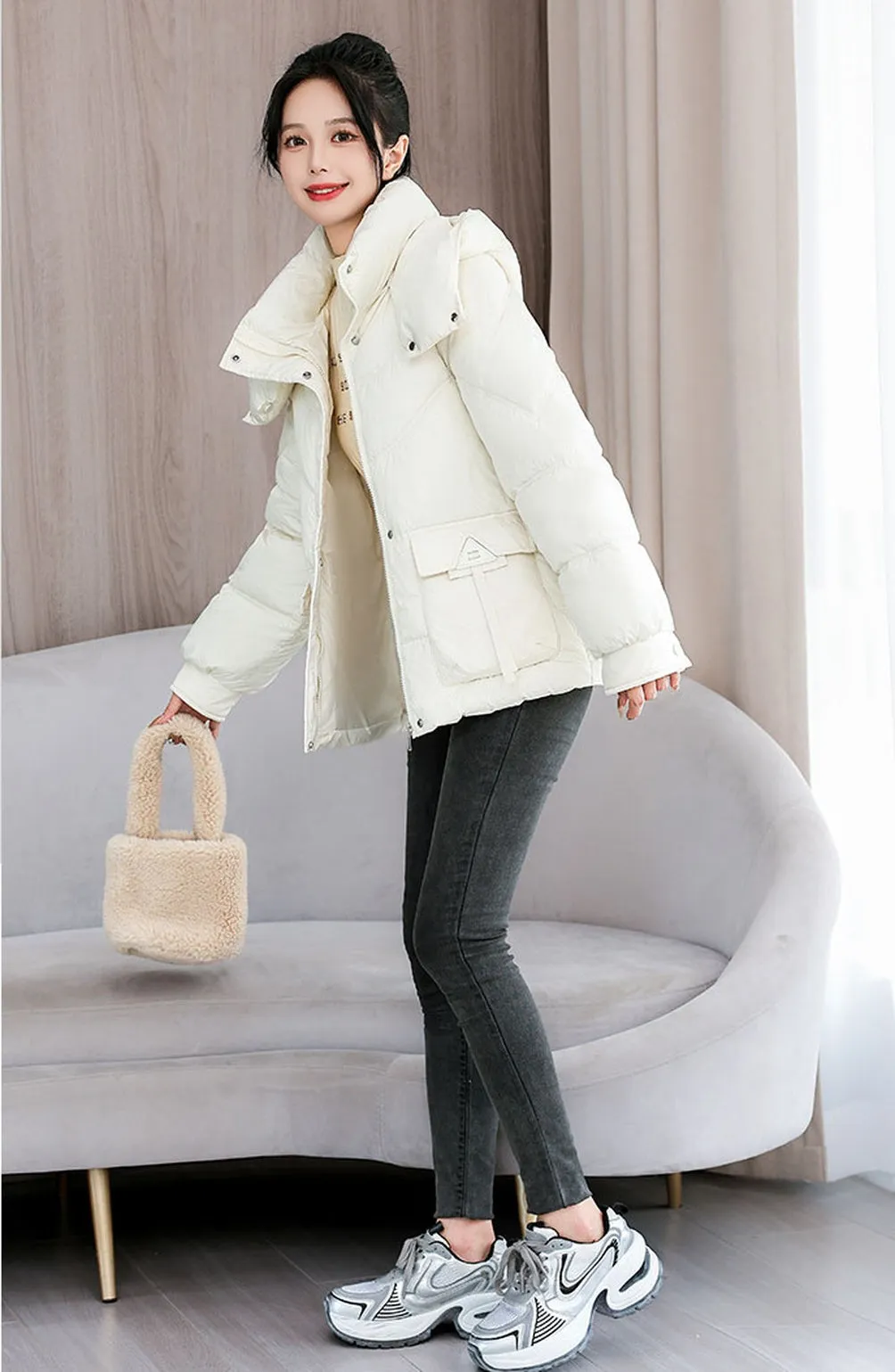 Windproof and Water-Resistant Puffer Jacket for Women with Bellows Pockets