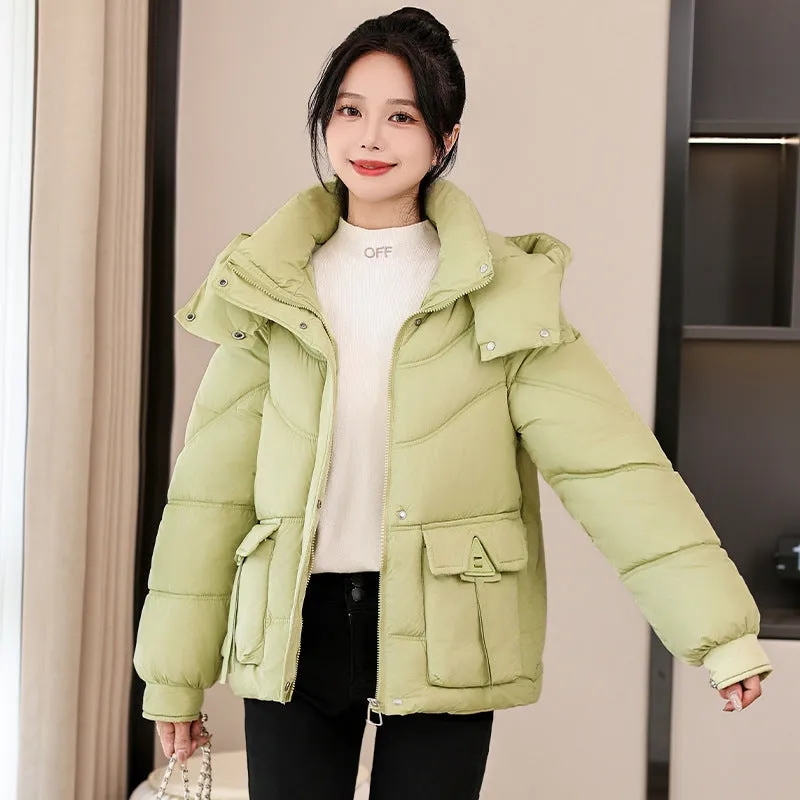 Windproof and Water-Resistant Puffer Jacket for Women with Bellows Pockets