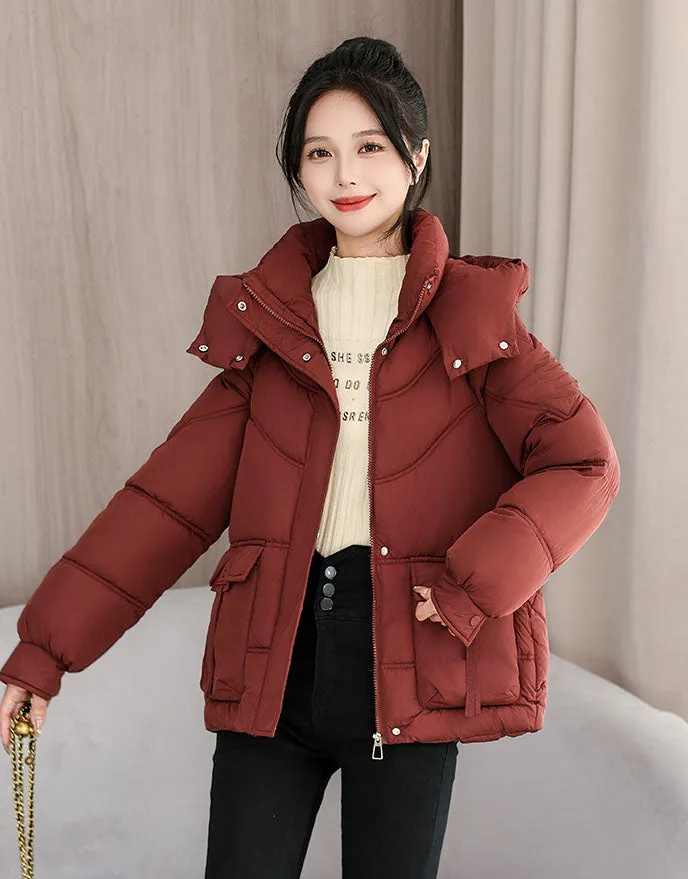 Windproof and Water-Resistant Puffer Jacket for Women with Bellows Pockets