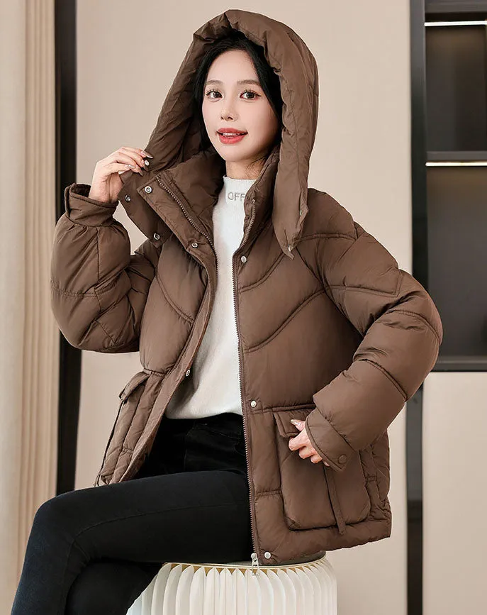 Windproof and Water-Resistant Puffer Jacket for Women with Bellows Pockets