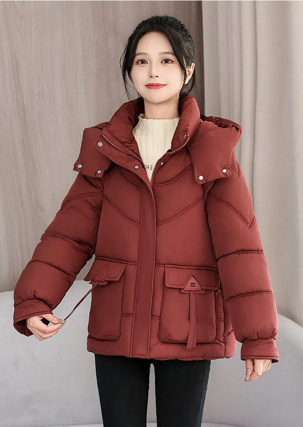 Windproof and Water-Resistant Puffer Jacket for Women with Bellows Pockets