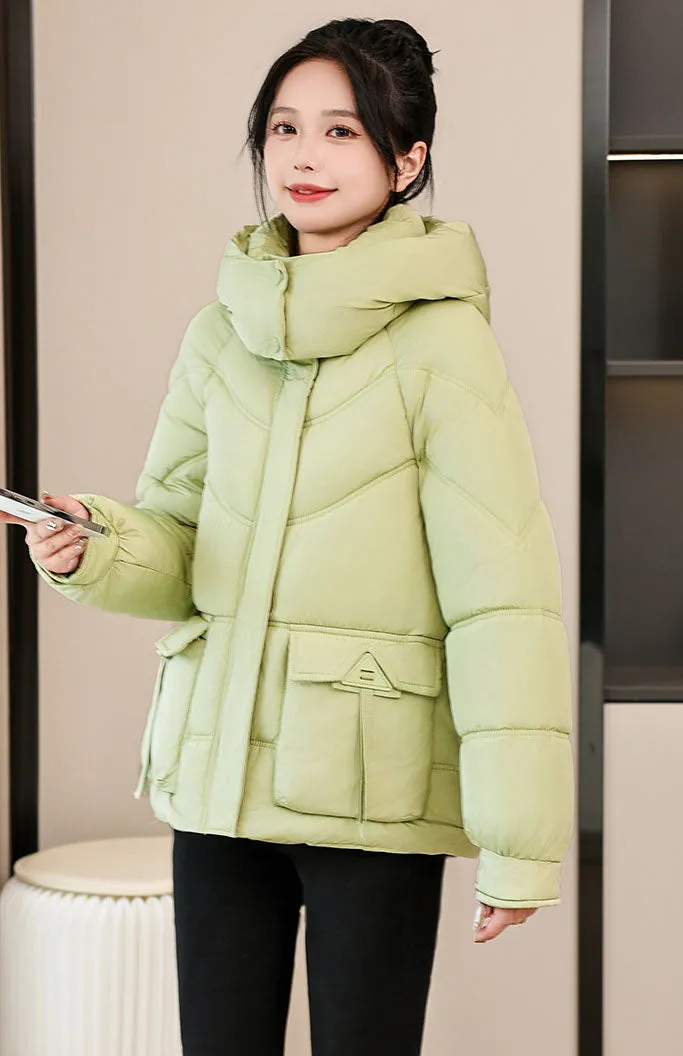 Windproof and Water-Resistant Puffer Jacket for Women with Bellows Pockets