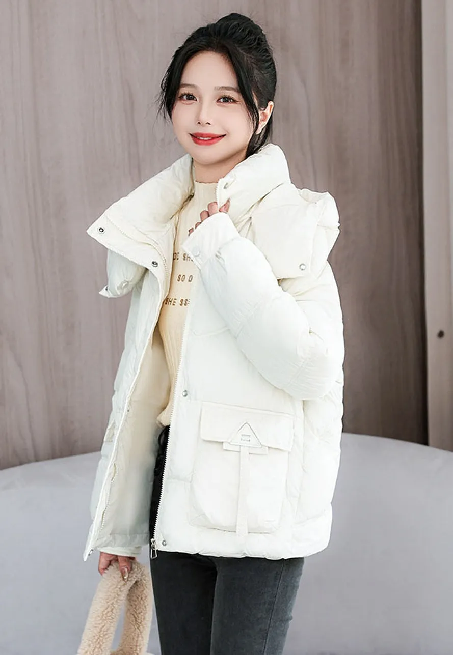 Windproof and Water-Resistant Puffer Jacket for Women with Bellows Pockets