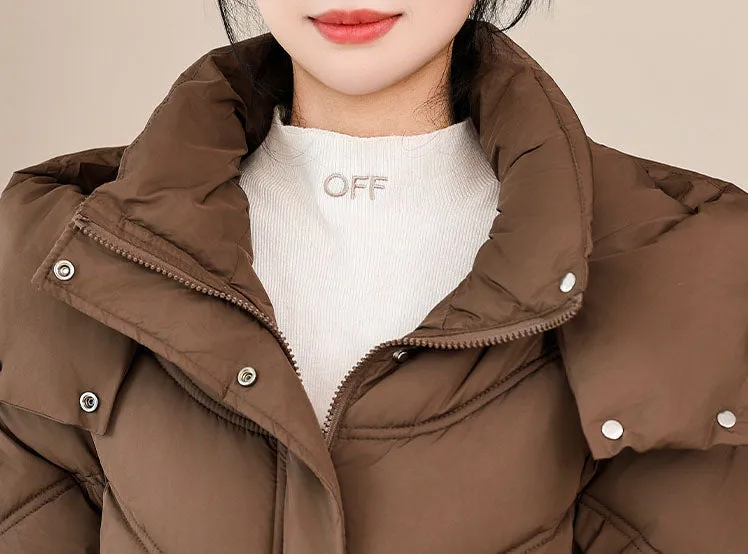 Windproof and Water-Resistant Puffer Jacket for Women with Bellows Pockets
