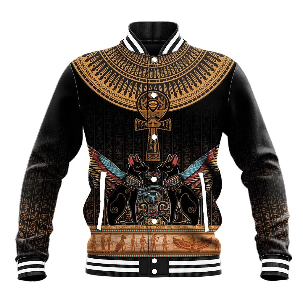 Winged Egypt Cats Baseball Jacket Hieroglyphs Alphabet Pattern LT18