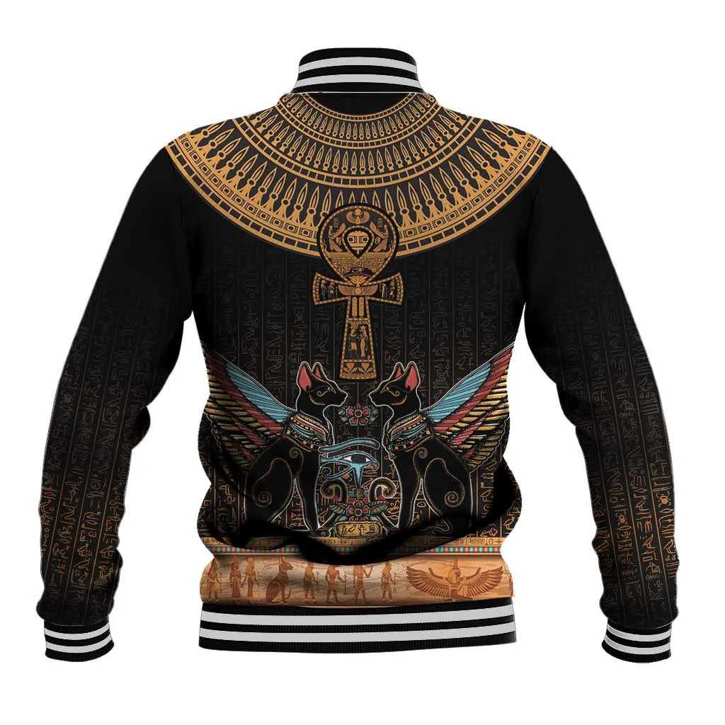 Winged Egypt Cats Baseball Jacket Hieroglyphs Alphabet Pattern LT18