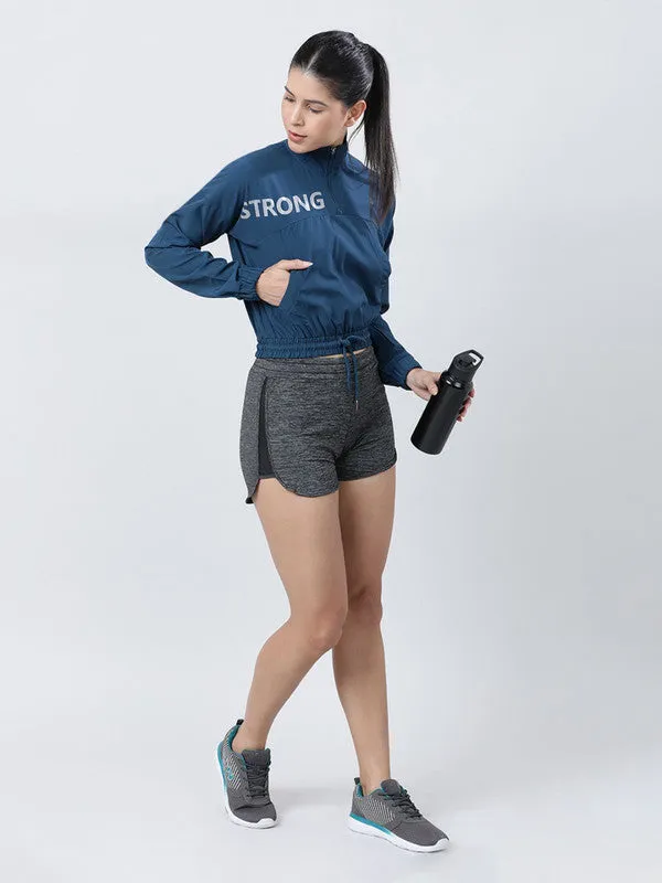 Women Aqua Blue Typography Printed Jacket- WILD ICON-AB