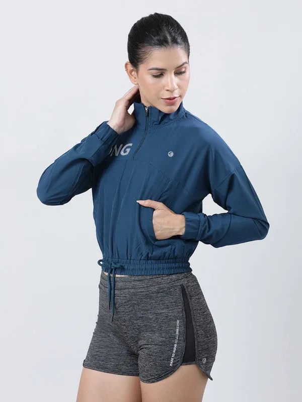 Women Aqua Blue Typography Printed Jacket- WILD ICON-AB
