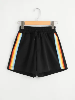 Women Rainbow Striped Elastic Shorts