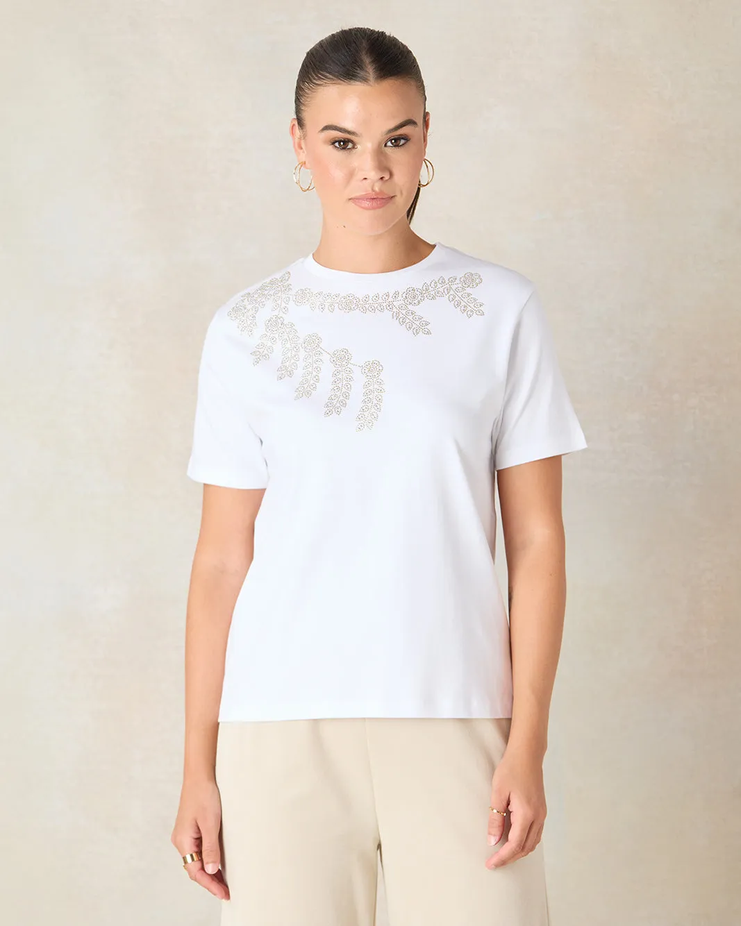 Women White Embellished T-Shirt