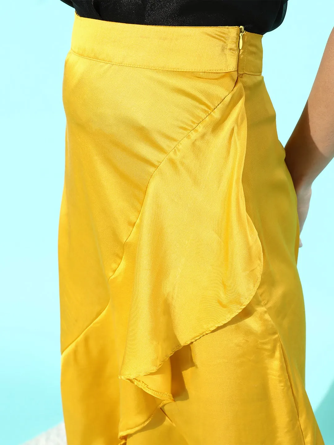 Yellow Asymmetrical Frill Satan Skirt