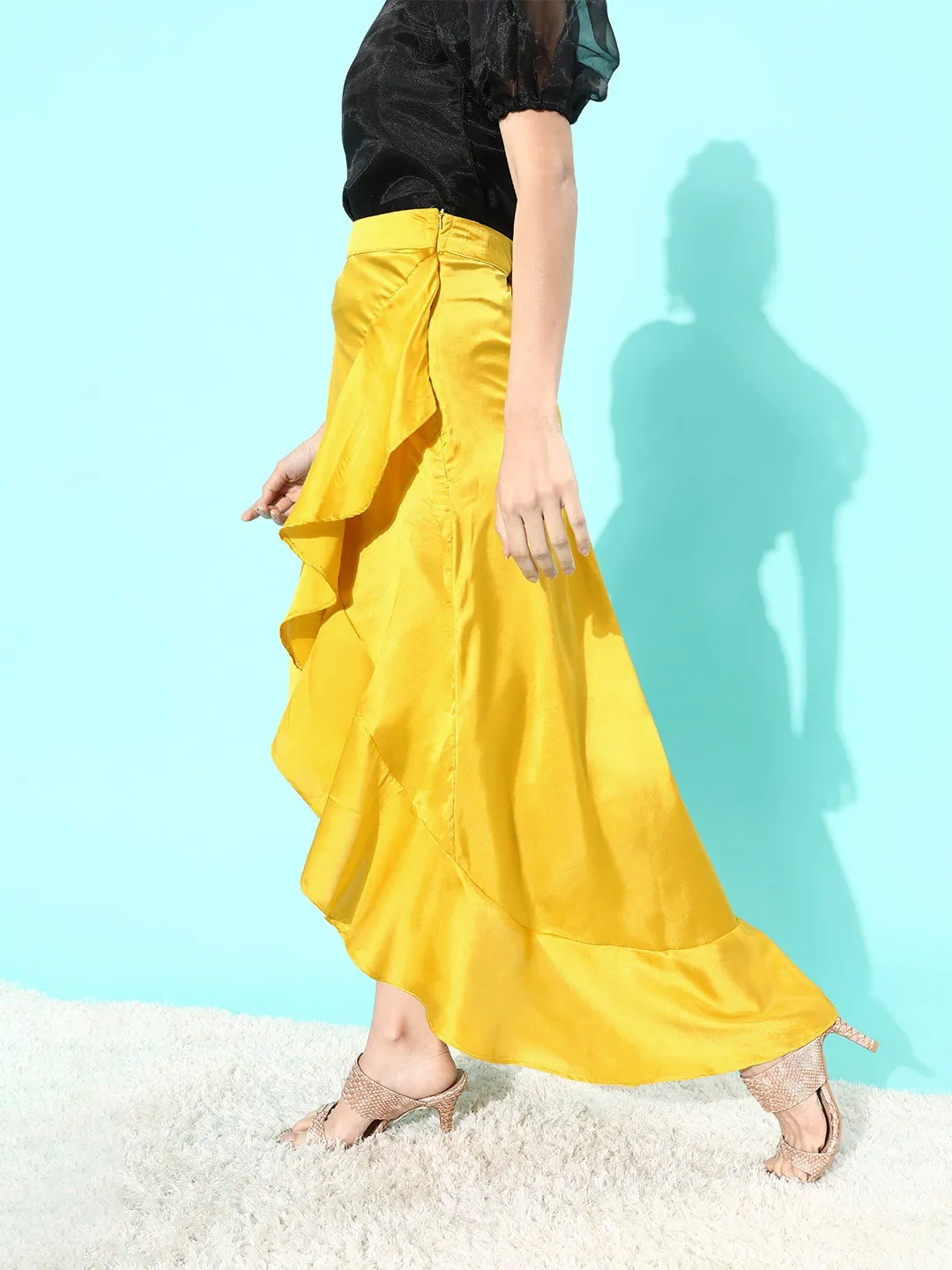 Yellow Asymmetrical Frill Satan Skirt