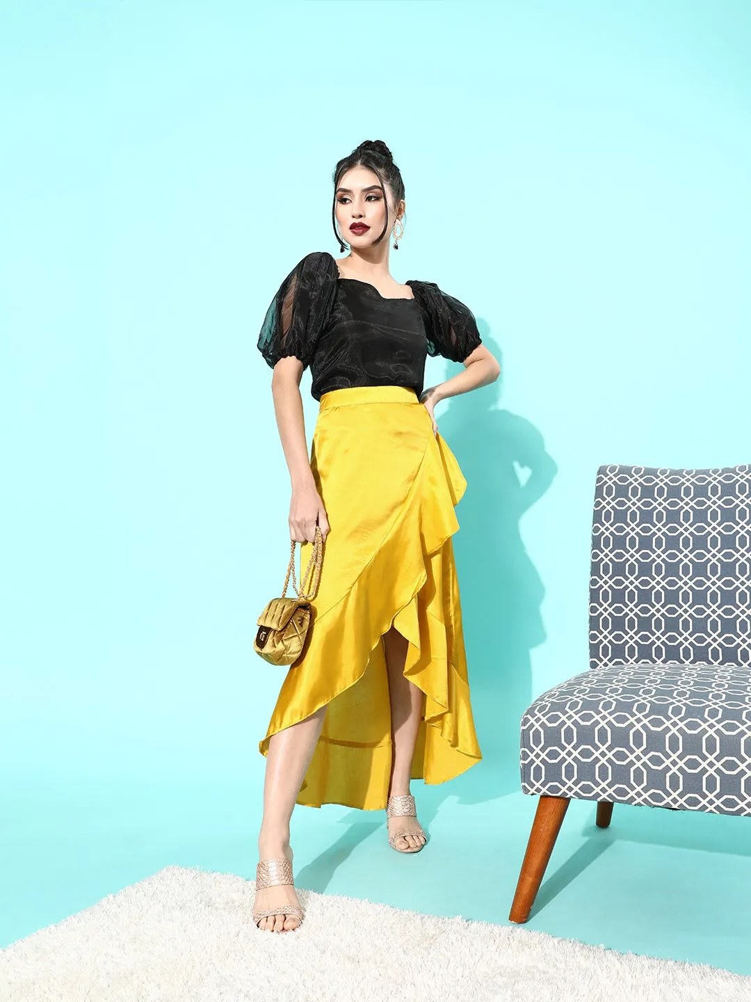 Yellow Asymmetrical Frill Satan Skirt