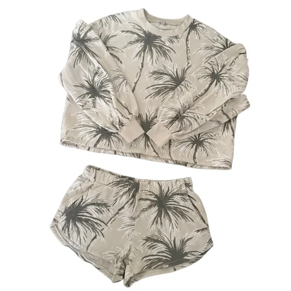 Z Supply Bohemian Palm Tree Balloon Sleeve Long Sleeve Top and Beach Shorts