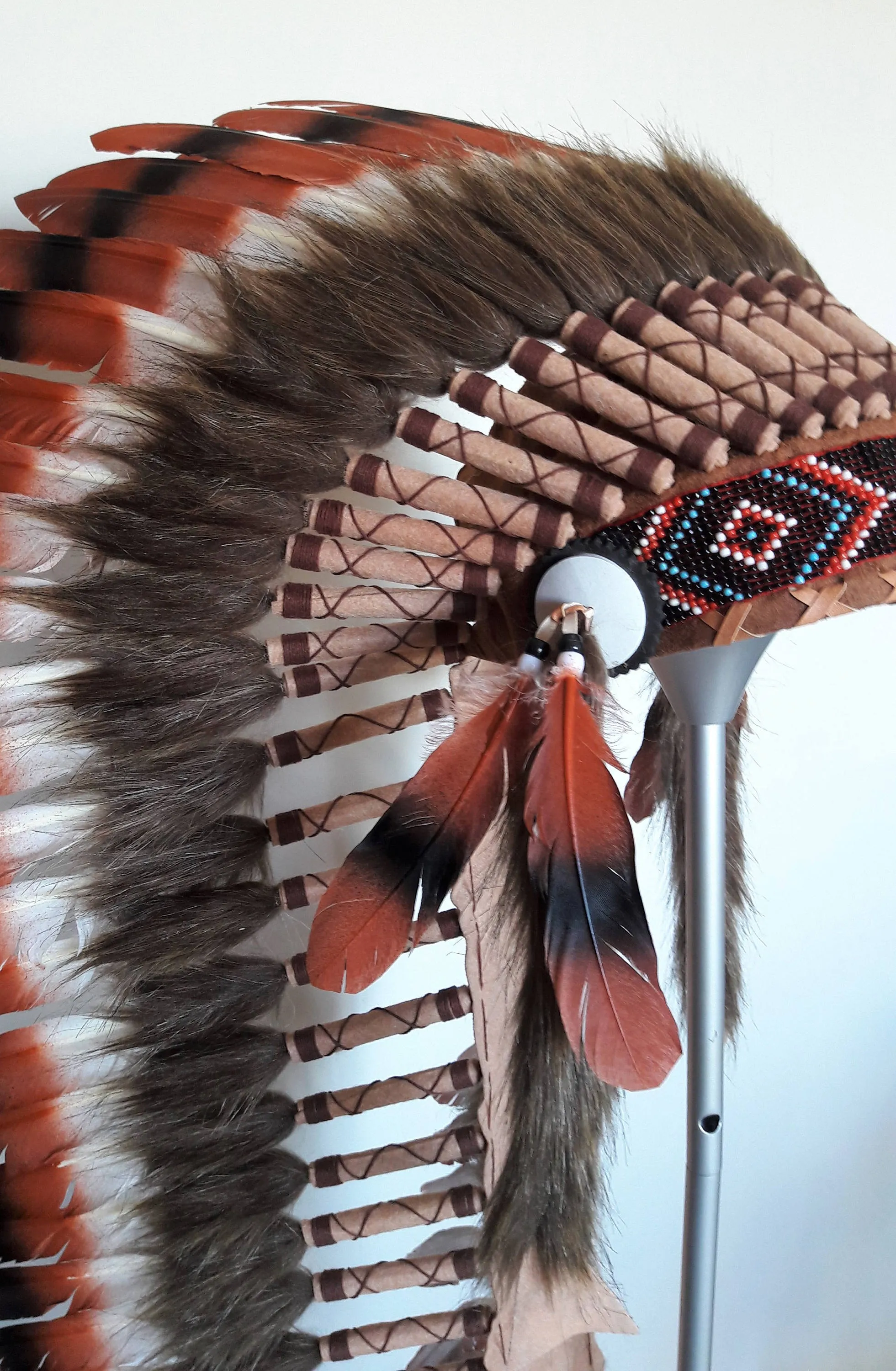 Z40 -  Extra large  three colors brown , Feather Headdress ( 43 inch long). Native American Style.
