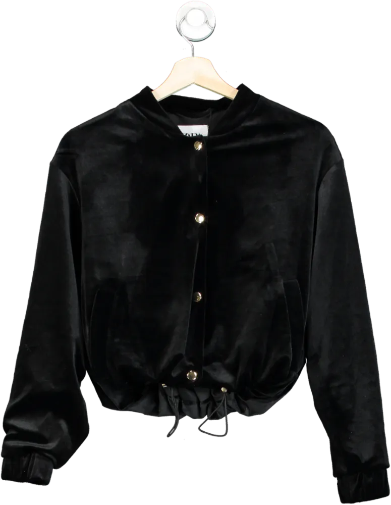 ZARA Black Velvet Cropped Popper Jacket UK S