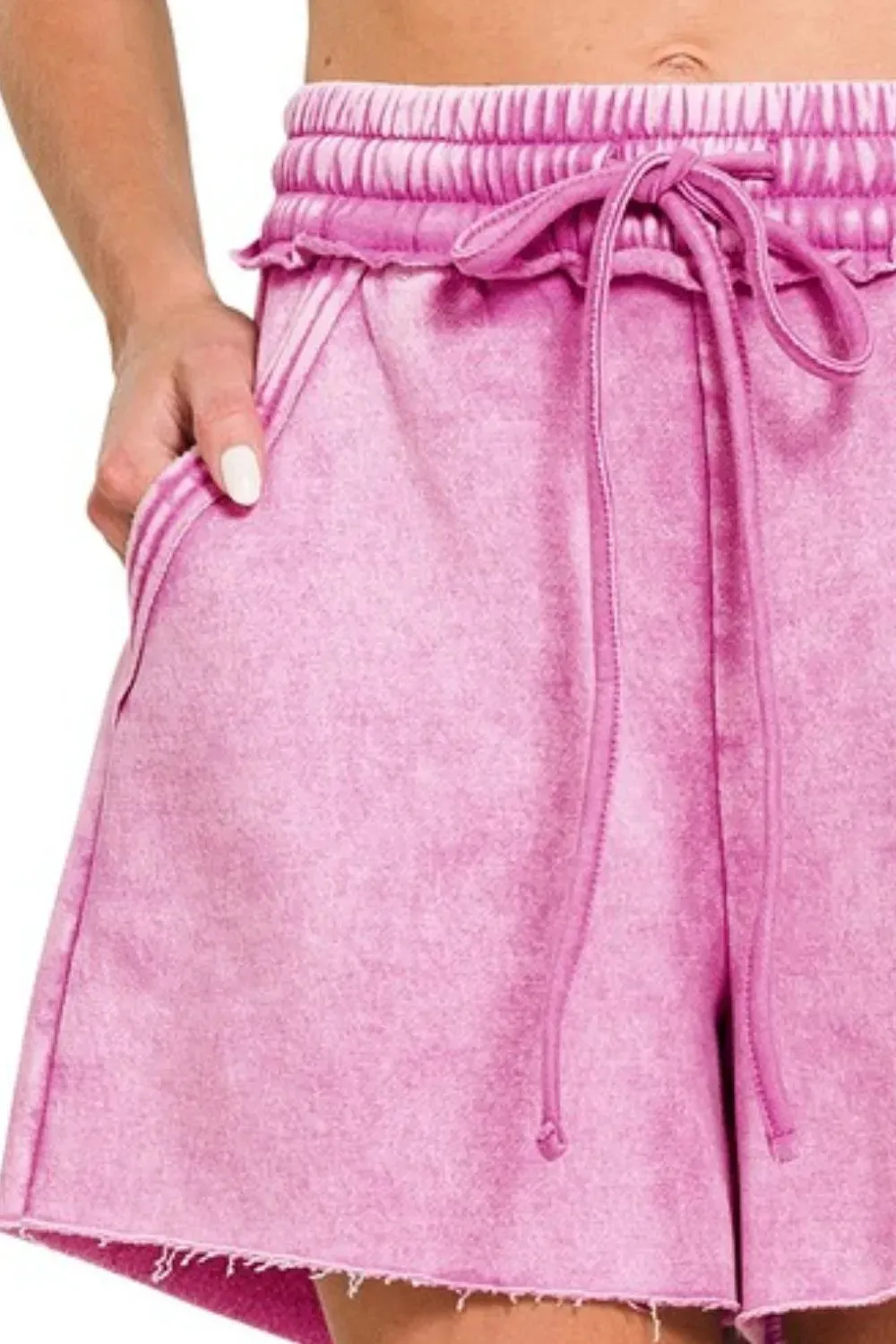 Zenana Acid Wash Fleece Drawstring Shorts With Pockets