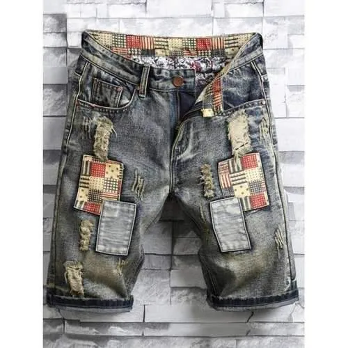 Zipper Fly Applique Ripped Casual Shorts - Battleship Gray 34