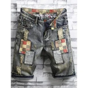Zipper Fly Applique Ripped Casual Shorts - Battleship Gray 34